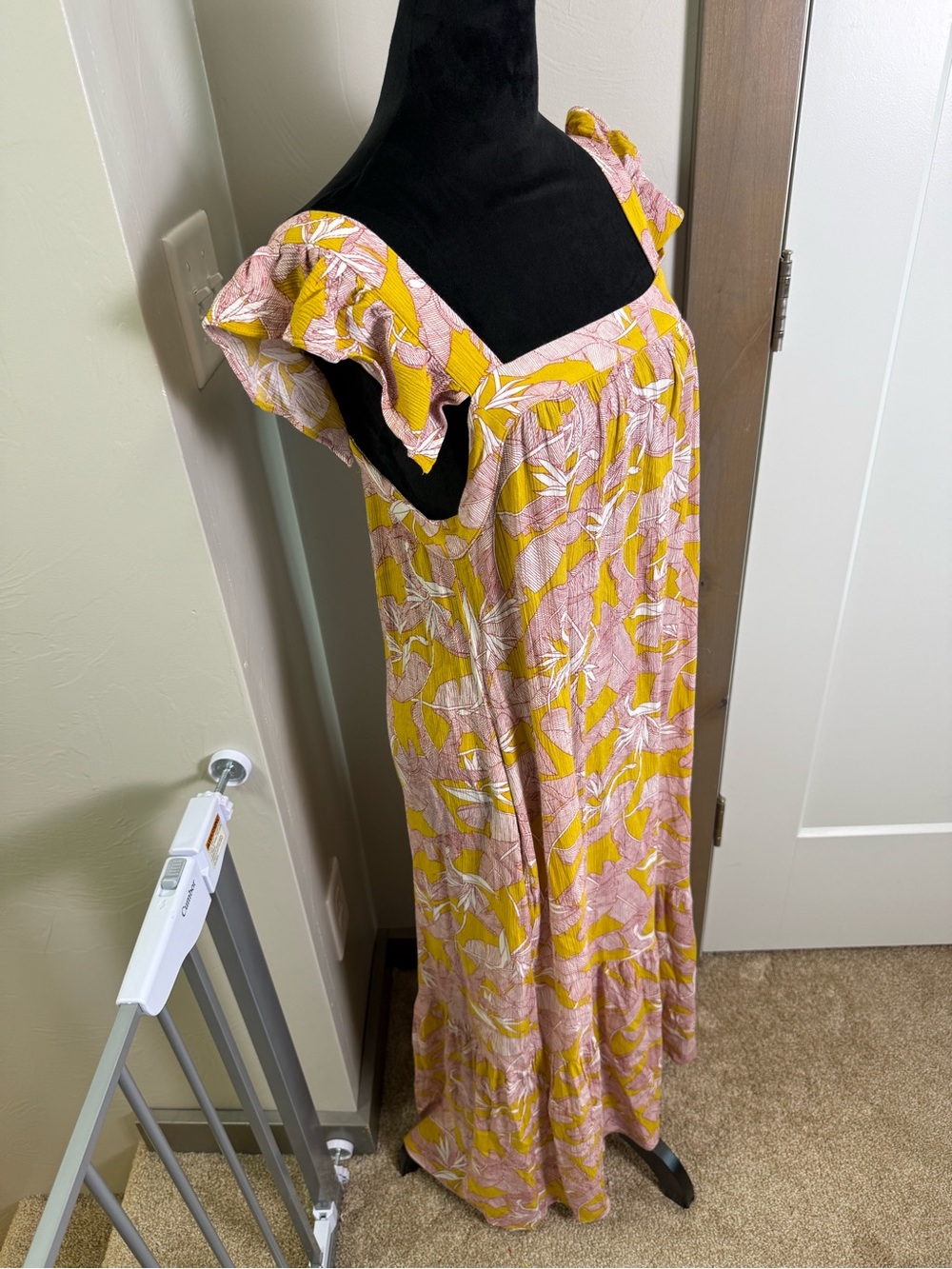 Knox Rose Square Neck Flutter Cap Sleeve Maxi Dress Yellow Pink Floral Tropical - Picture 4 of 12